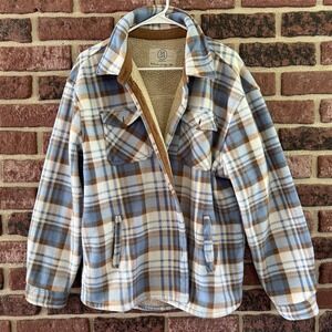 Plaid Sherpa Lined Fleece Shacket Shirt Jacket XL Mens Cabincore Blue Lumberjack